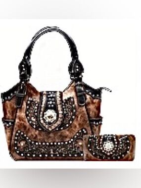 Studded Western Faux Leather Purse and Wallet Set - Brown and Black. NWT.